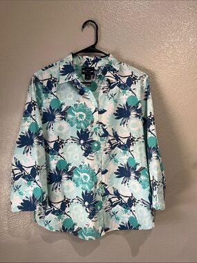 Westbound Teal & Navy Floral Button-Up 3/4 Sleeve Sz 12 Cotton Vacay Chic